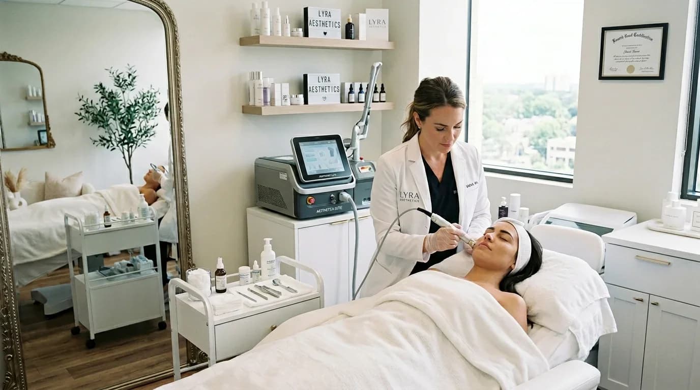 Aesthetic practitioner performs a treatment on a client in a modern, well-equipped clinic, highlighting professional skincare practices.