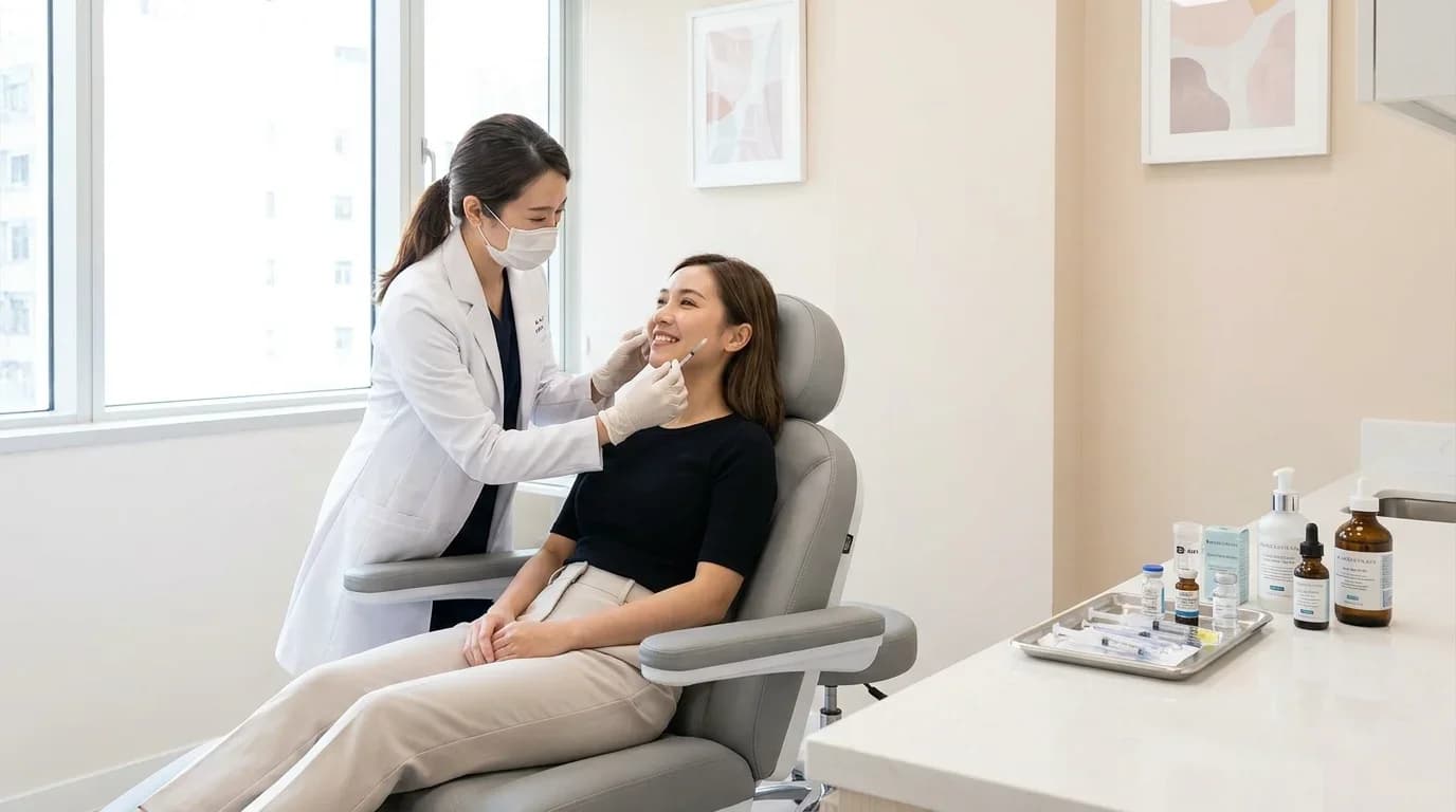 Aesthetic practitioner administers treatment to a smiling client in a modern clinic, showcasing professional training in aesthetic practices.