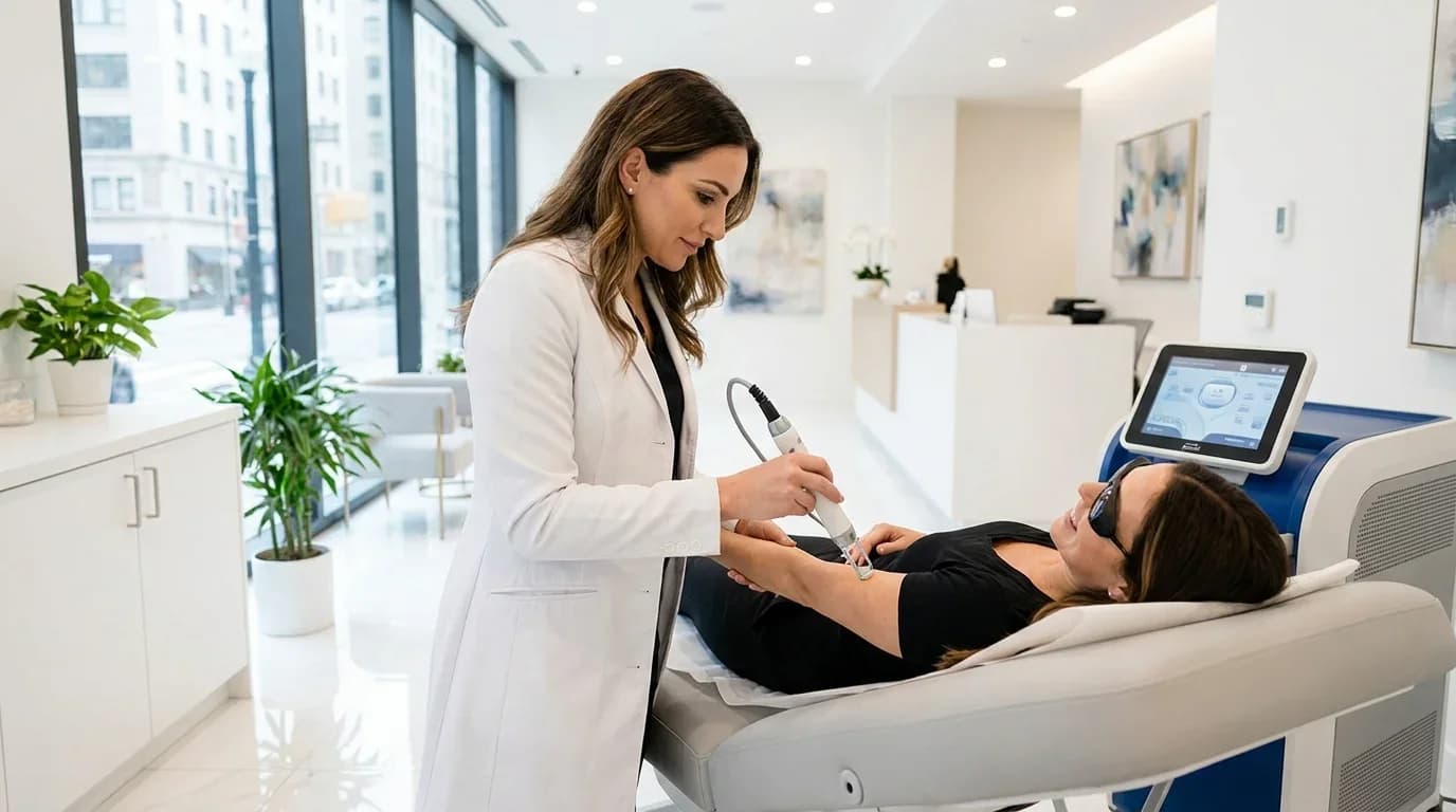 Aesthetic practitioner using advanced equipment on a client's arm in a modern clinic, highlighting professional training in aesthetic practices.