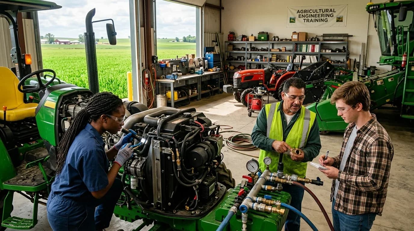 A diverse group of students and an instructor collaborate on agricultural machinery in a workshop, emphasizing hands-on training in agricultural engineering.