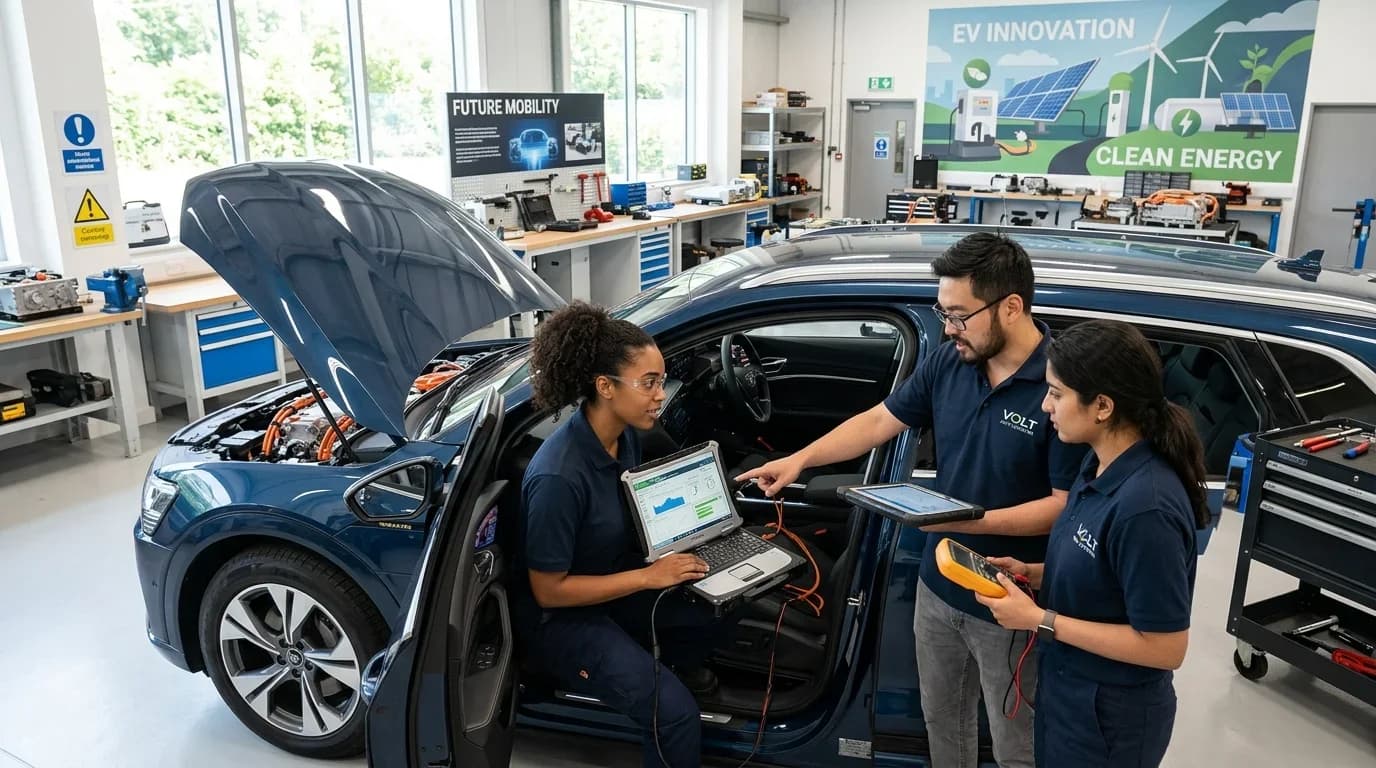 Three students engage in hands-on automotive training, using diagnostic equipment on an electric vehicle in a modern workshop setting.