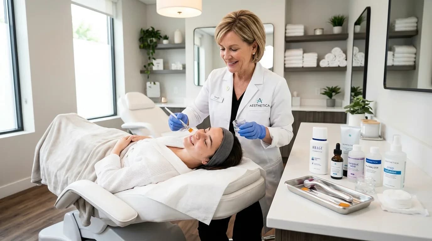 Aesthetician applying a chemical peel treatment to a smiling client in a modern spa setting, showcasing professional skincare techniques and equipment.