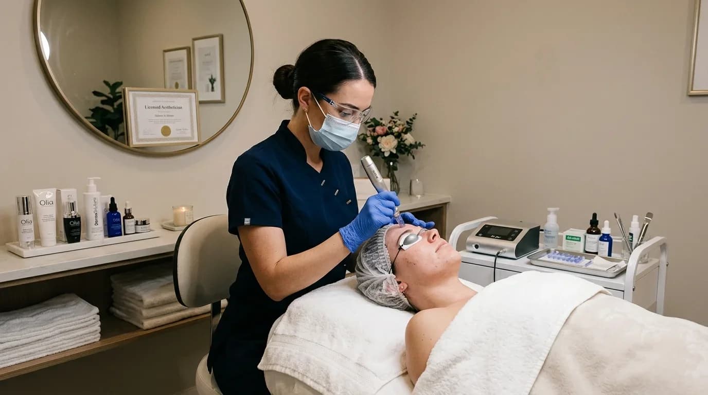A licensed aesthetician performs microneedling on a client in a serene treatment room, showcasing professional equipment and skincare products.