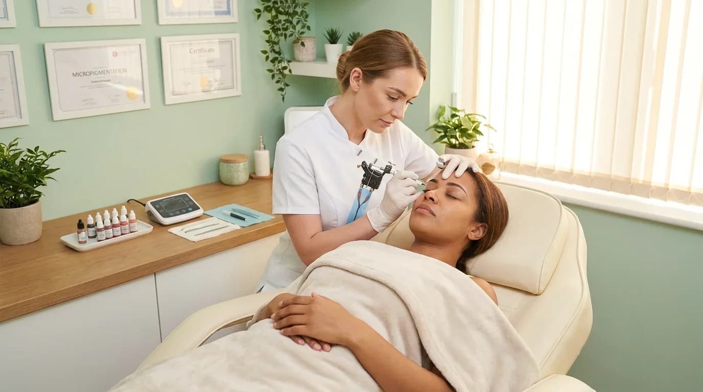 A practitioner performs micropigmentation on a client in a serene treatment room, showcasing advanced techniques and professional equipment.