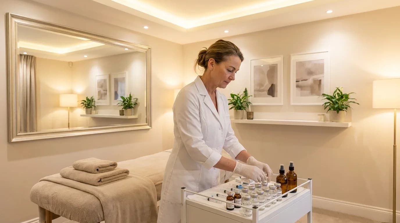 A professional in a white coat prepares mesotherapy treatments in a serene, well-lit clinic, showcasing equipment and a calming atmosphere.