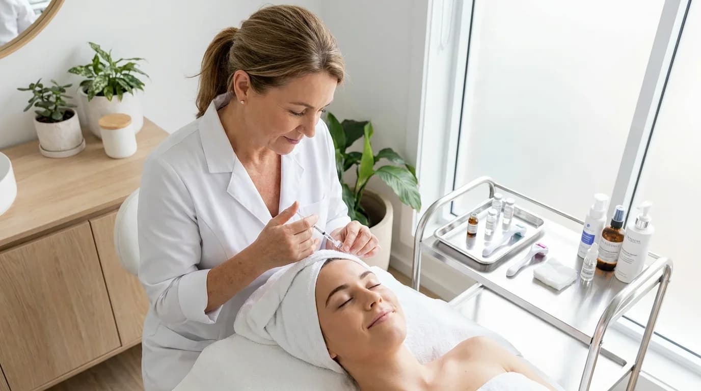 A practitioner administers a skin boosting treatment to a relaxed client in a bright, modern spa setting, showcasing professional skincare techniques.