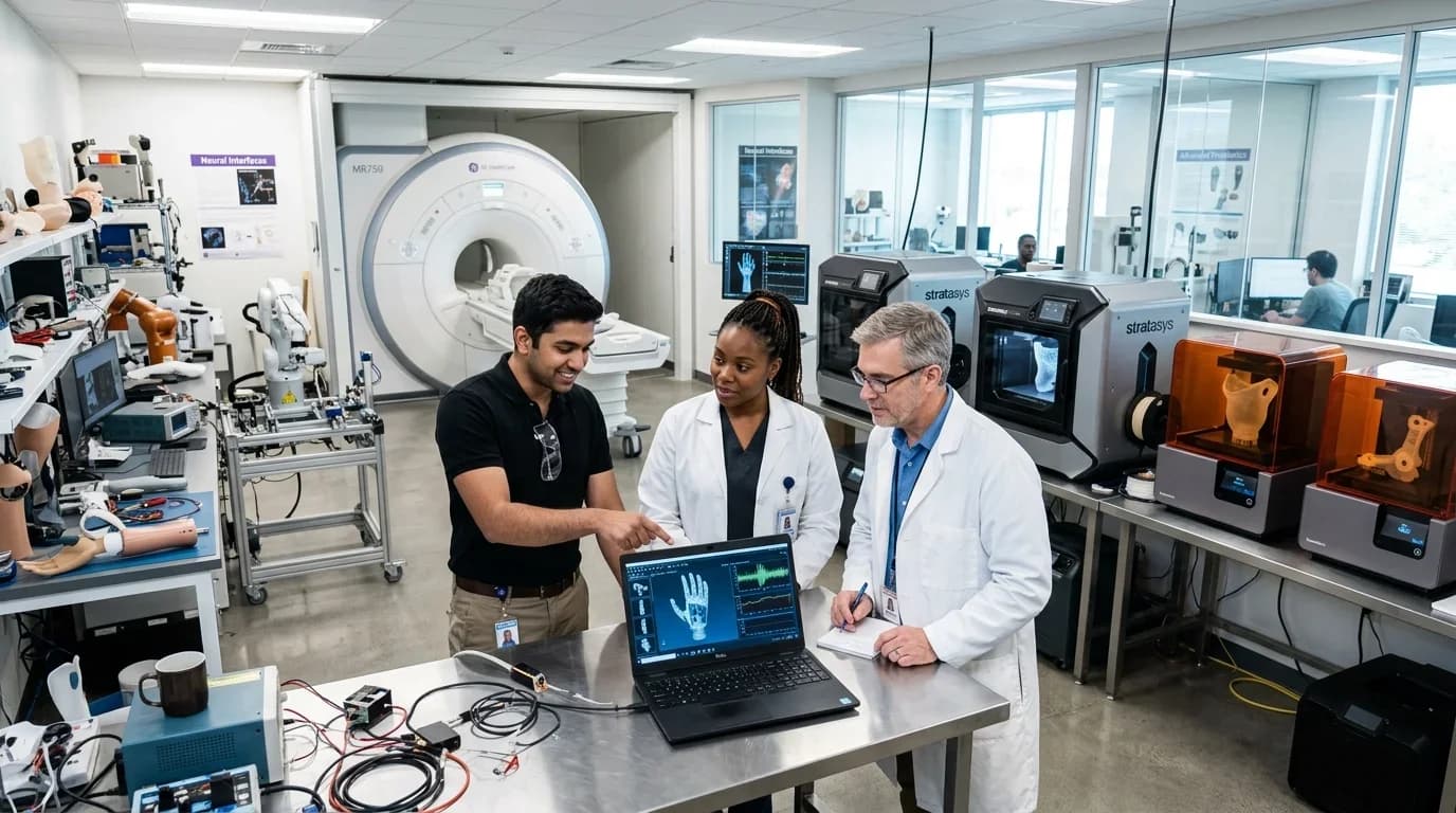 Three professionals discuss biomedical engineering concepts using a laptop in a high-tech lab filled with medical equipment and 3D printers.