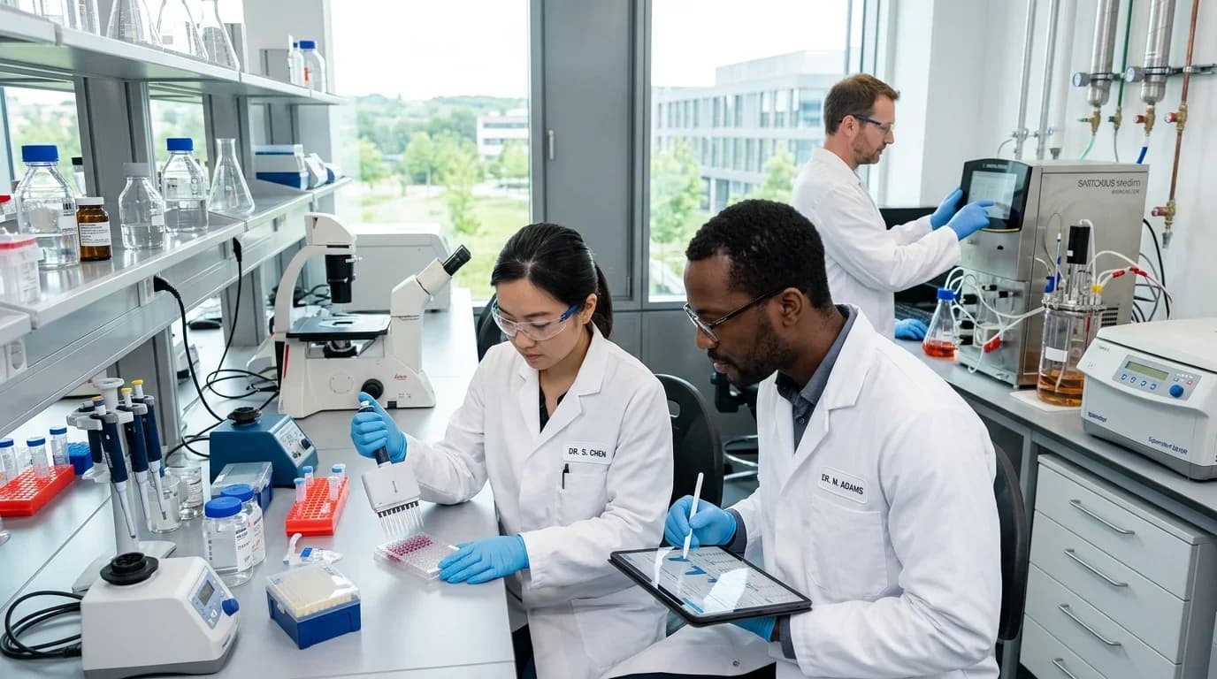 Two scientists in lab coats conduct biotechnology experiments in a modern lab, showcasing equipment and collaboration relevant to the ICTQual Level 5 Diploma.