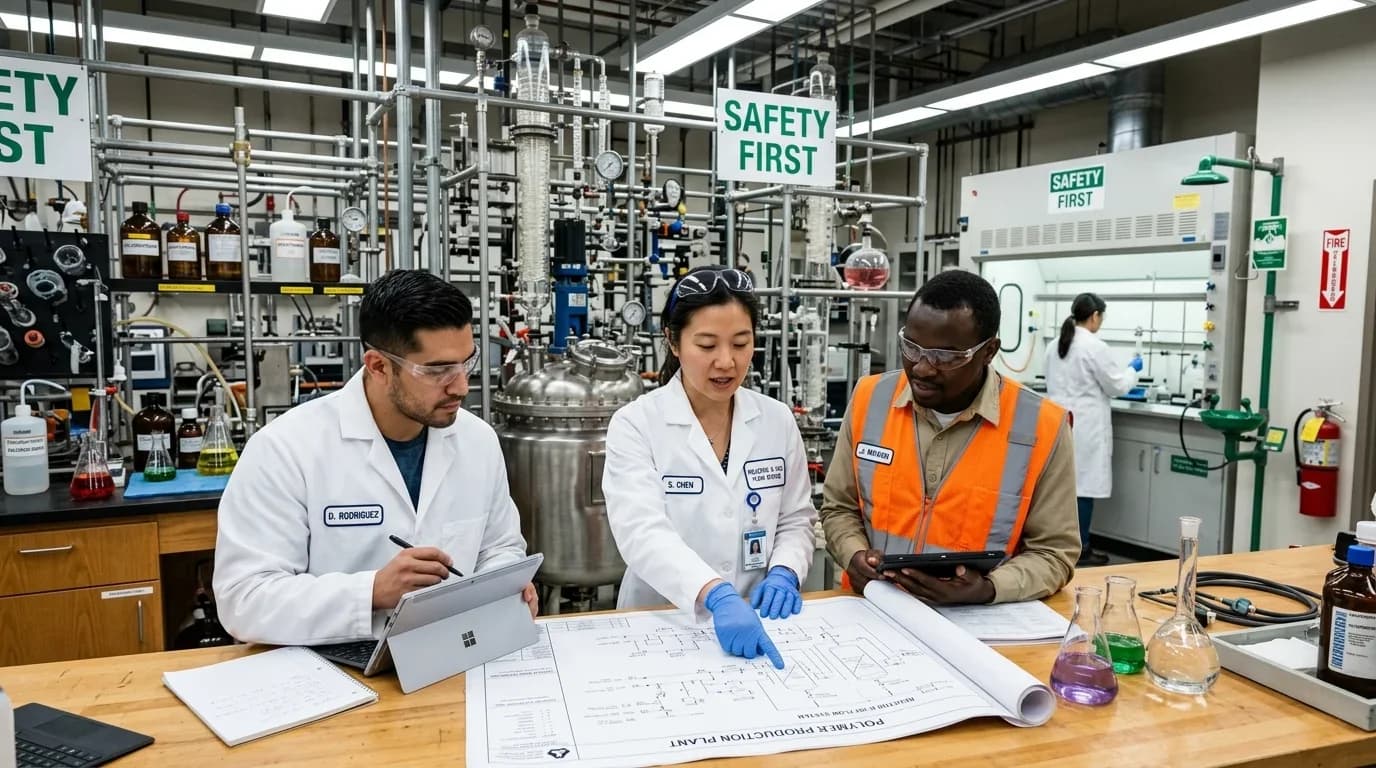 Three professionals in lab coats collaborate over a blueprint in a chemical engineering lab, emphasizing safety and teamwork in a hands-on training environment.