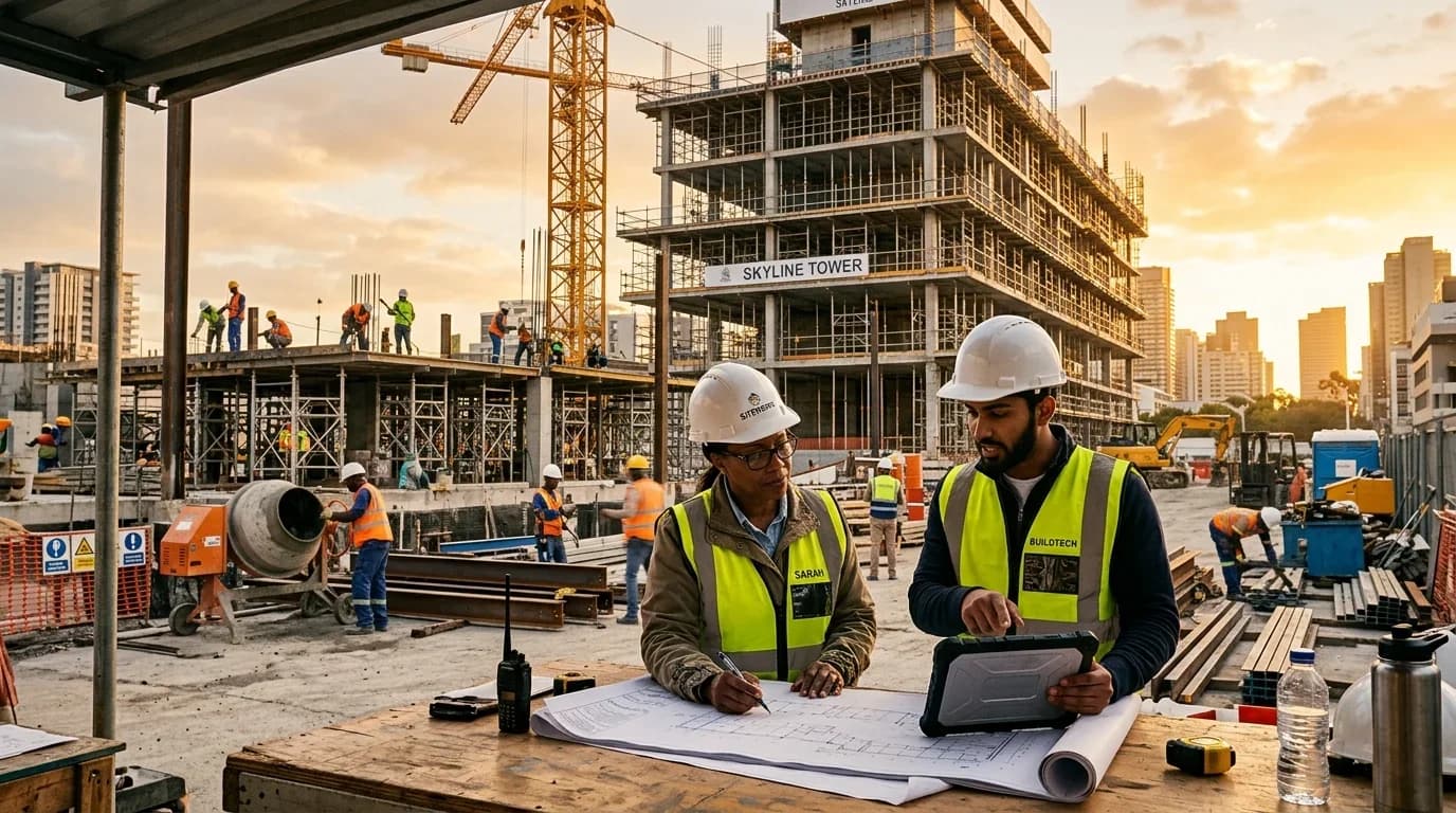 Two construction professionals review plans at a building site with cranes and workers in the background, highlighting practical civil engineering training.