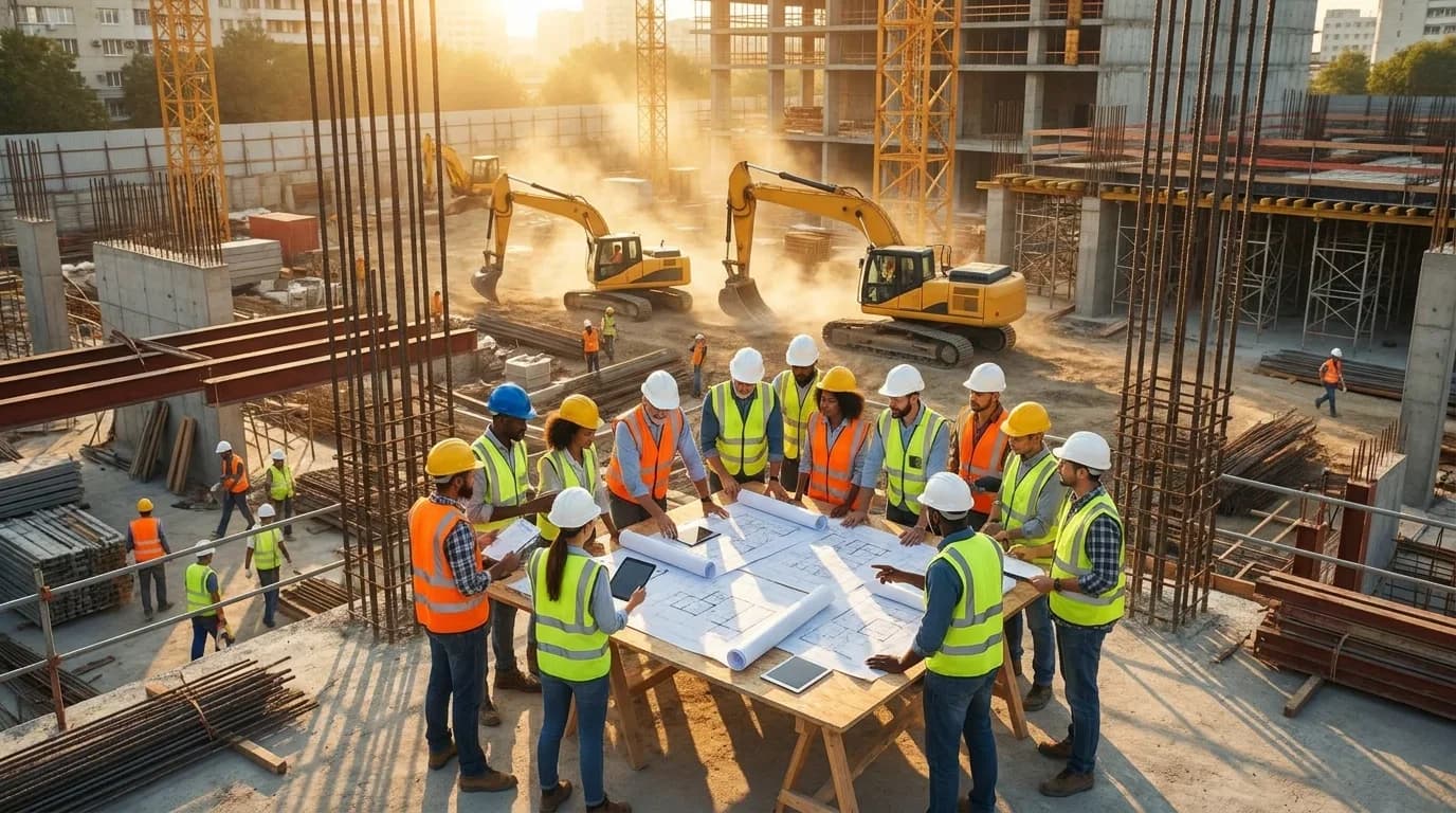 A group of construction professionals collaborates over blueprints on a busy site, with machinery and building structures in the background.