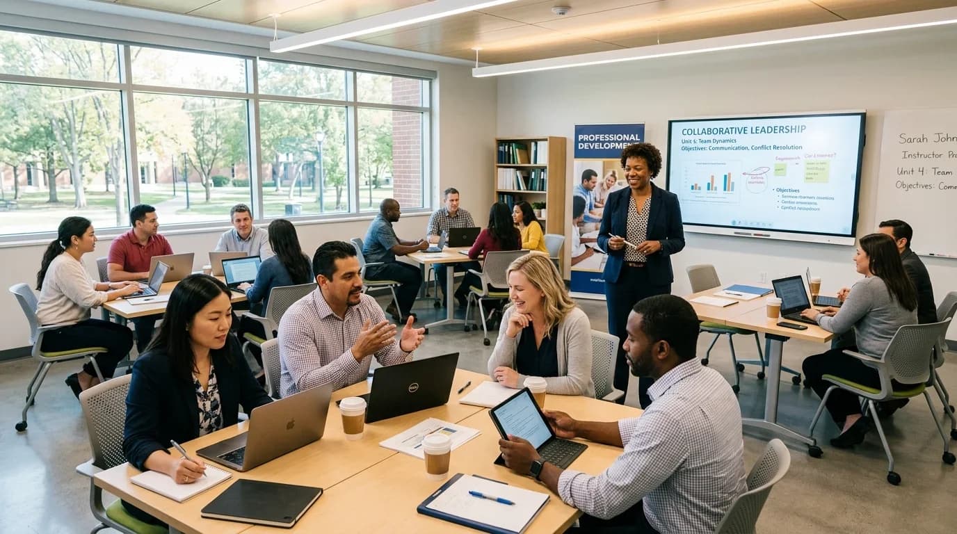 A diverse group of professionals engage in collaborative learning in a modern classroom, focusing on leadership and communication skills.