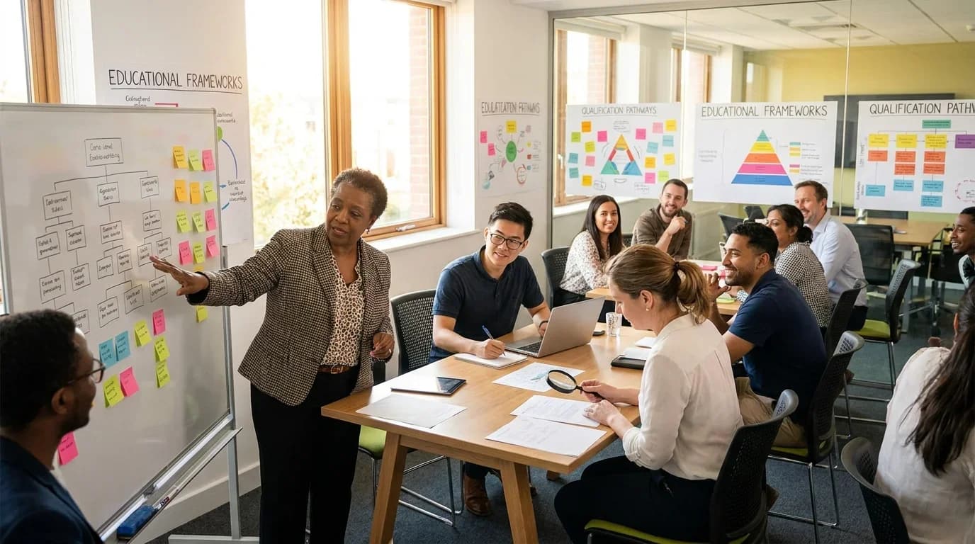 A diverse group of professionals engage in a collaborative training session, discussing educational frameworks and qualification development in a modern classr…