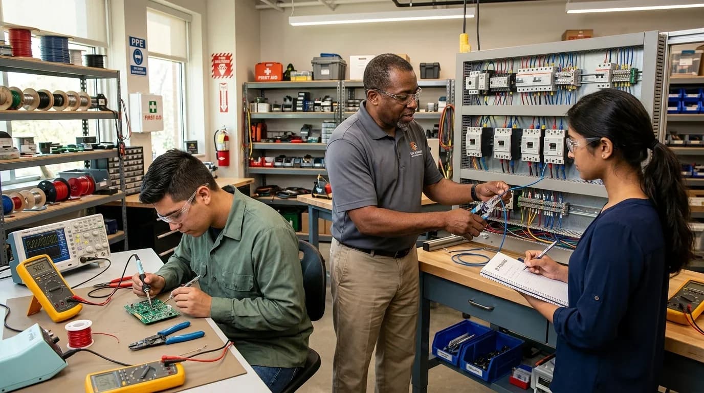 A diverse group of students engages in hands-on electrical engineering training, working with equipment and circuits in a well-equipped lab setting.