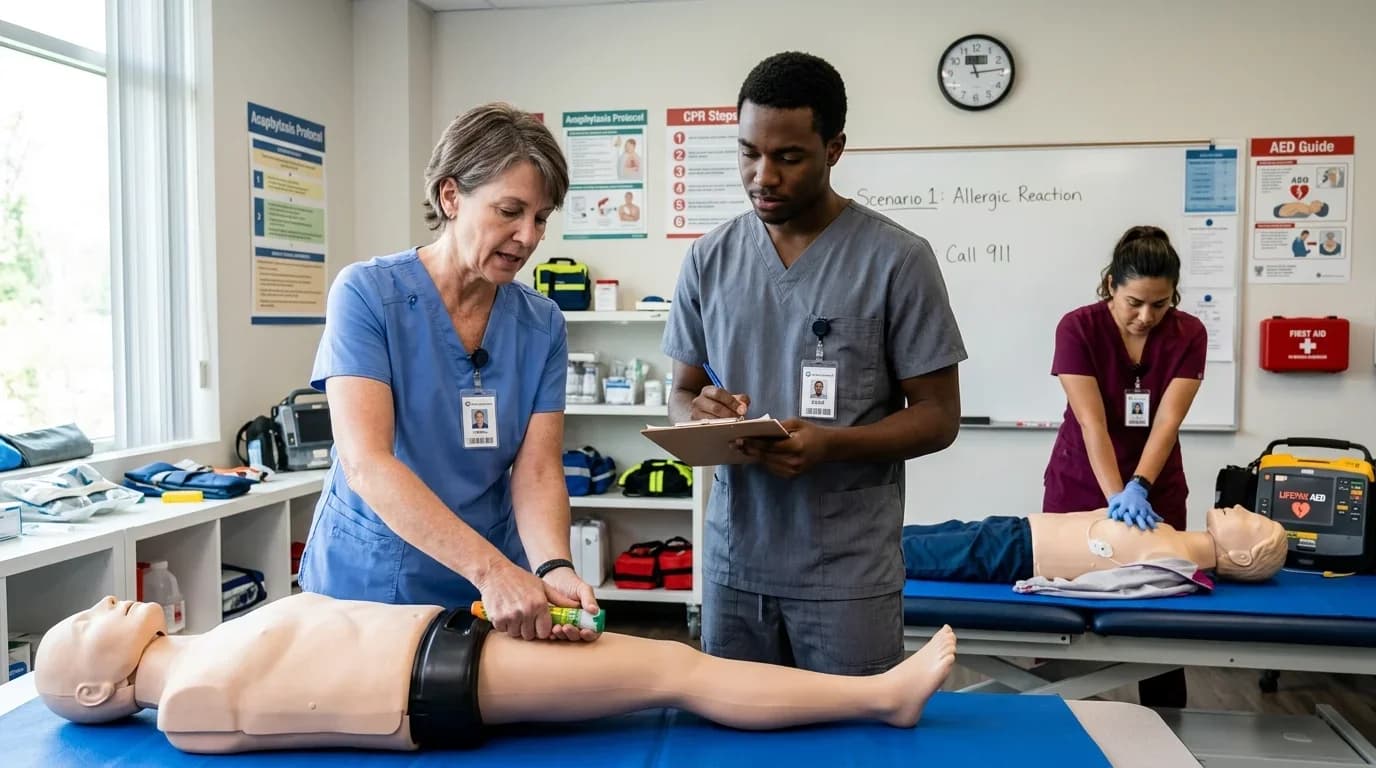 In a training room, an instructor demonstrates anaphylaxis treatment on a dummy, while two students practice CPR on another, emphasizing emergency response ski…