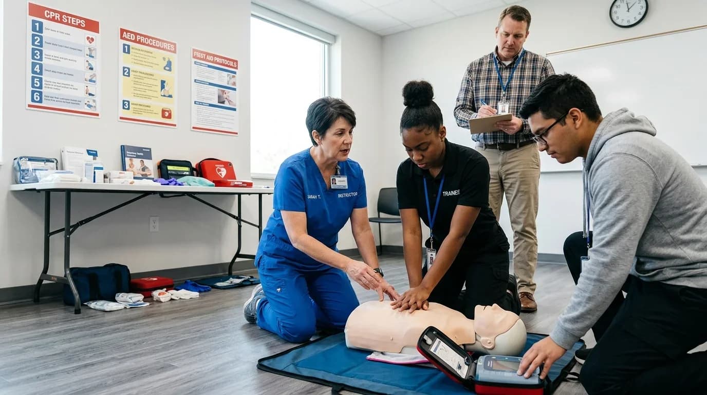 A medical instructor guides trainees in CPR techniques on a manikin, with first aid equipment and instructional posters in a classroom setting.