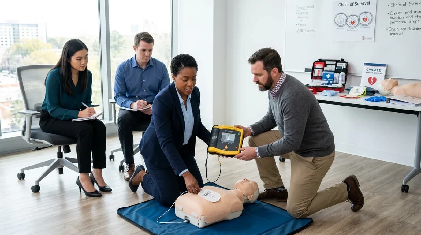 A diverse group of professionals practices using an AED on a training mannequin in a bright classroom setting, emphasizing emergency response skills.