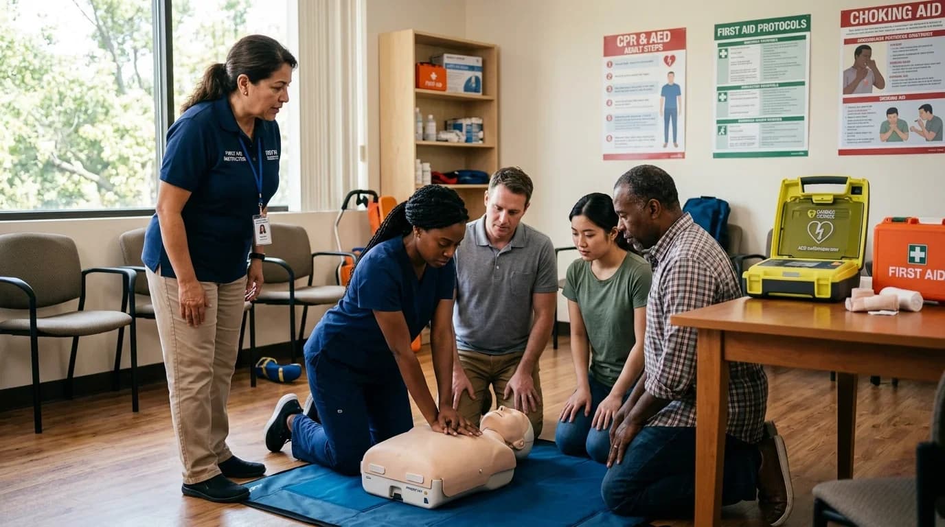 A diverse group of individuals practice CPR on a manikin in a well-lit training room, surrounded by first aid equipment and instructional posters.
