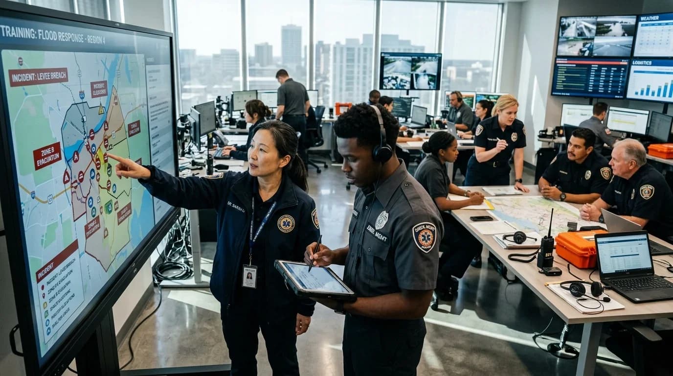 Emergency services personnel collaborate in a high-tech command center, analyzing maps and data for flood response training.