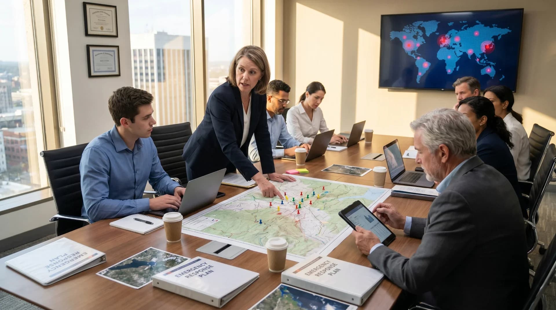 A diverse group of professionals collaborates in a modern conference room, analyzing a map and discussing disaster management strategies.