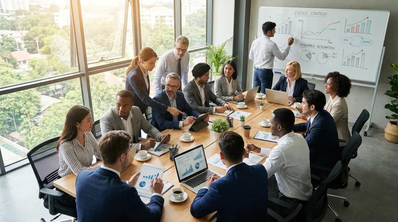 A diverse group of professionals collaborates in a modern conference room, discussing energy management strategies with charts and laptops.