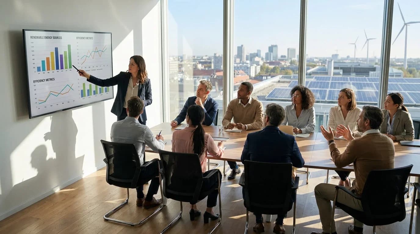 A diverse group of professionals in a modern conference room discuss energy management strategies while reviewing data on a large screen.