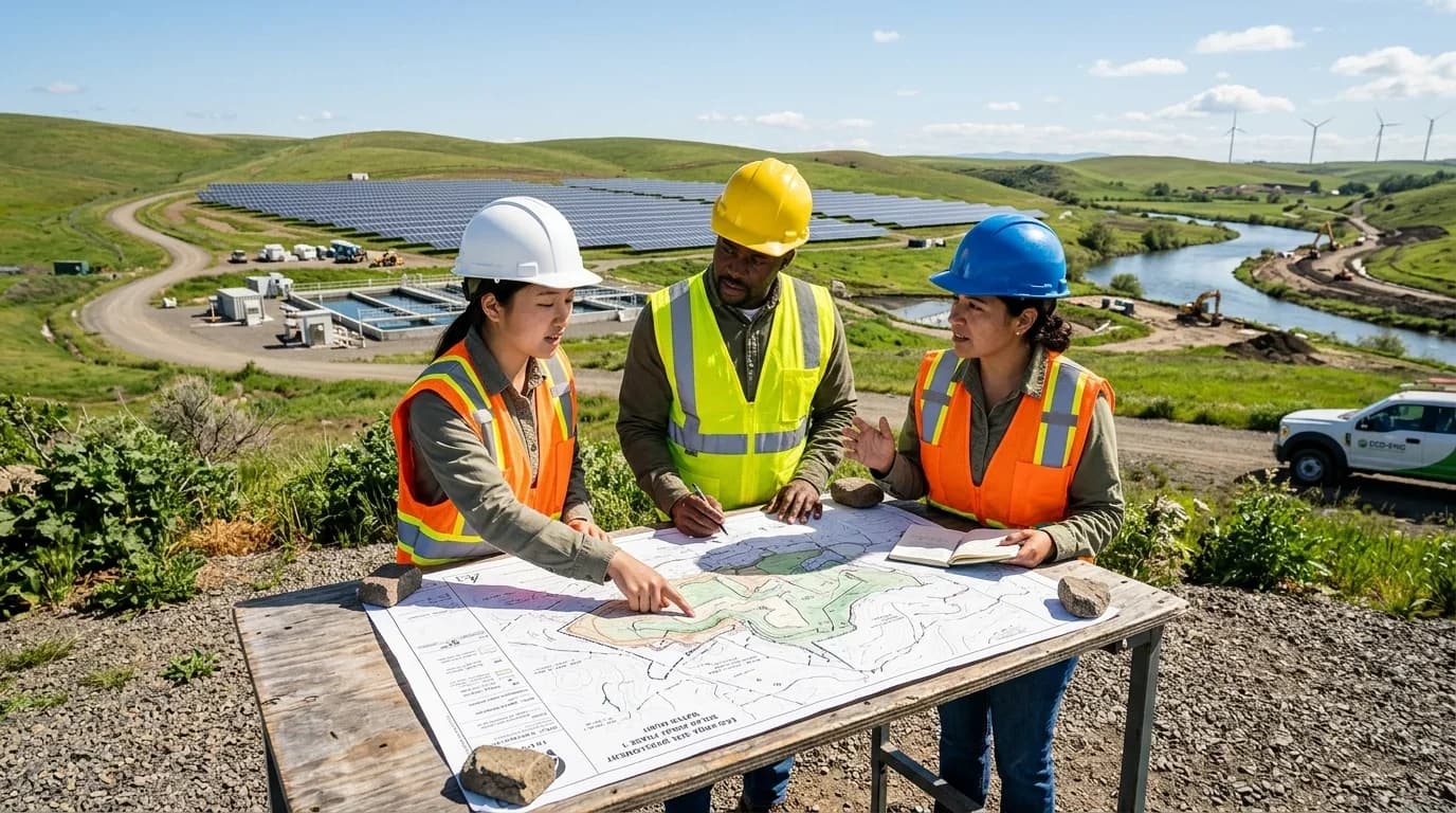 Three professionals in safety gear discuss a map outdoors, with solar panels and wind turbines in the background, highlighting environmental engineering traini…