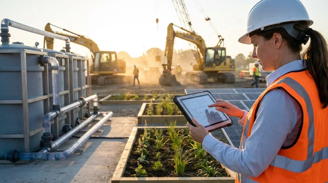 A construction site with a woman in safety gear using a tablet, surrounded by machinery and green landscaping, illustrating environmental engineering practices.