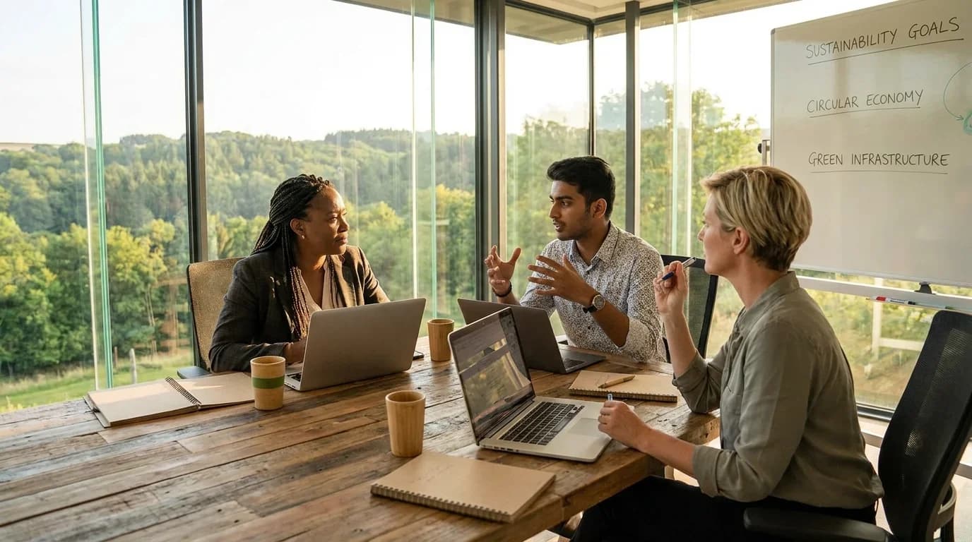 A diverse group of professionals engaged in a discussion about sustainability, surrounded by nature, with laptops and notes on a wooden table.