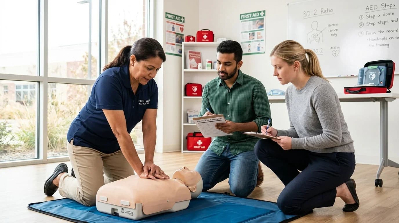 A first aid instructor demonstrates CPR on a mannequin while two students take notes in a well-lit training room.