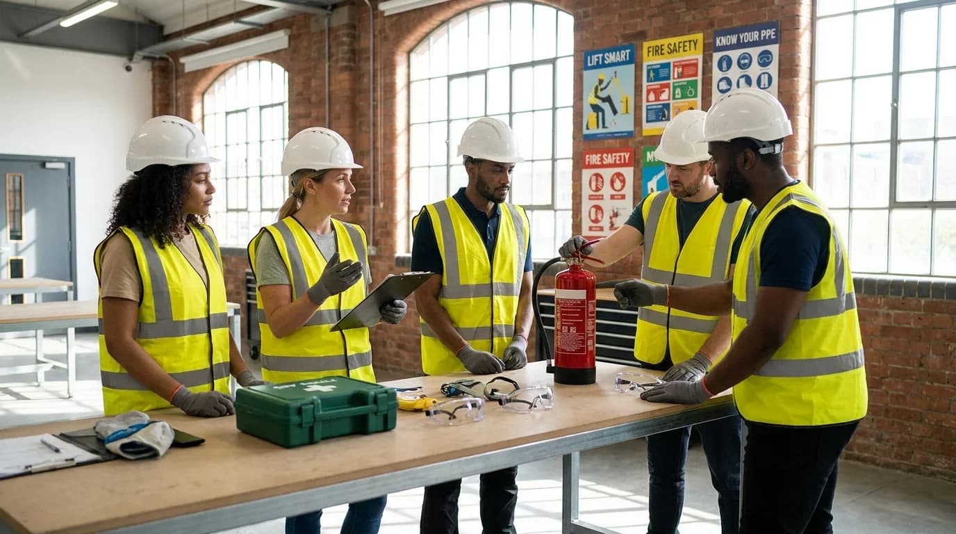 A diverse group of five individuals in safety gear engages in a fire safety training session, discussing equipment in a well-lit industrial setting.
