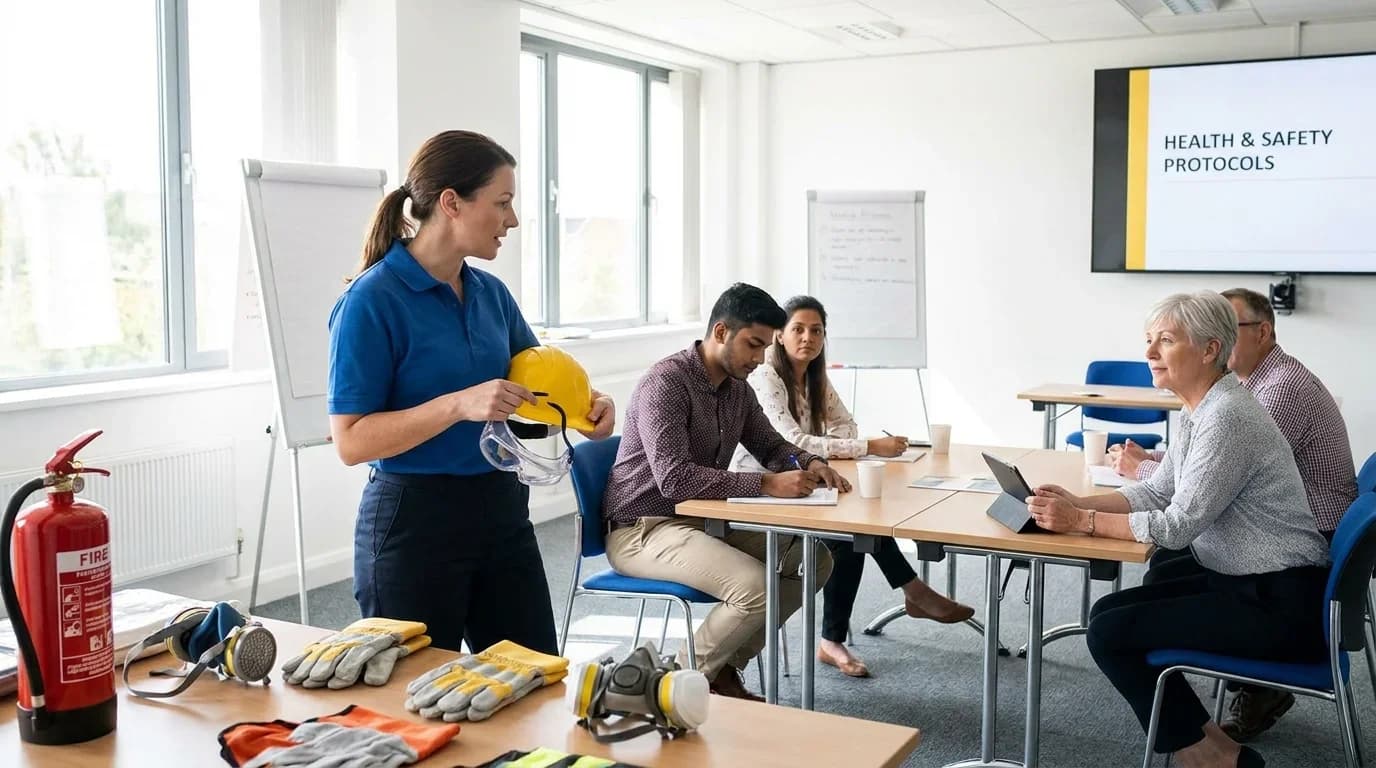 A trainer demonstrates safety equipment to engaged participants in a bright classroom, emphasizing health and safety protocols for occupational health training.