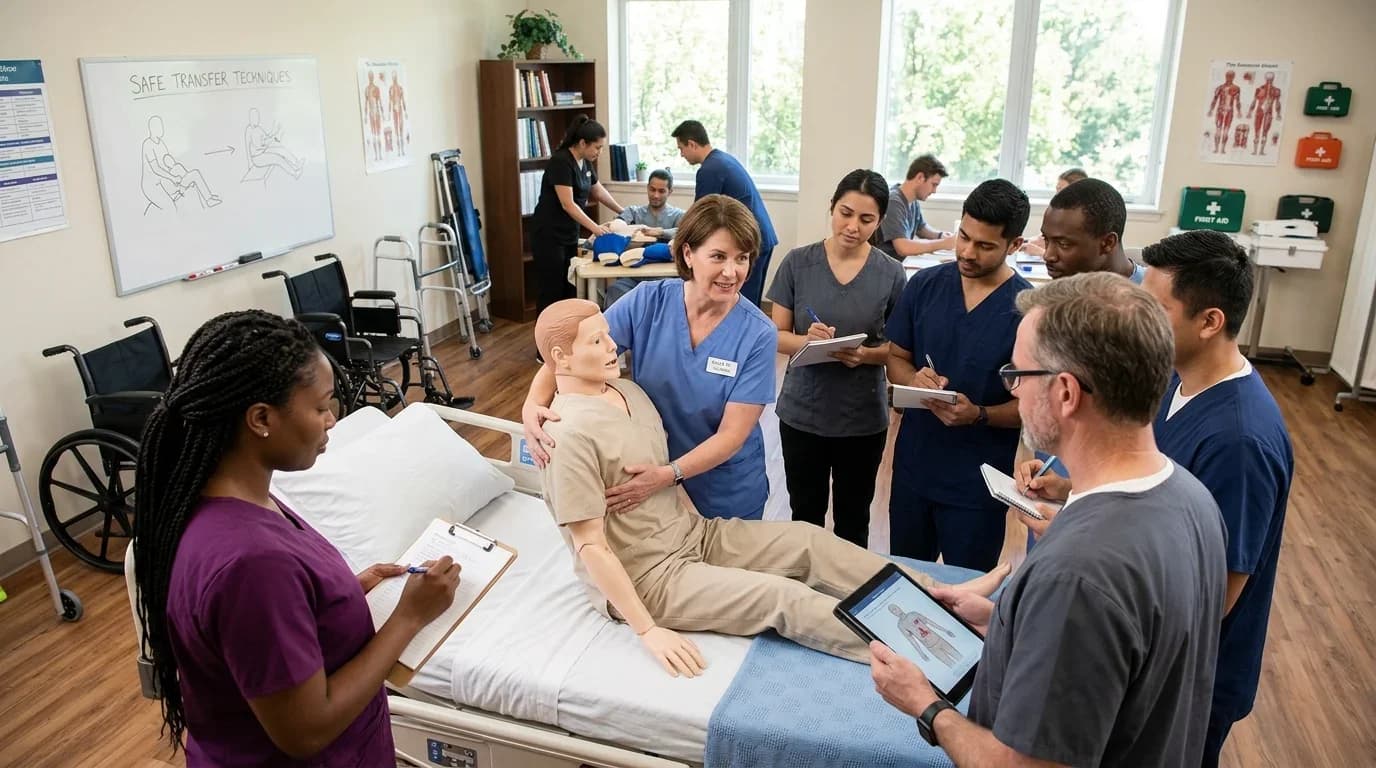 A diverse group of healthcare trainees practice caregiving skills with a mannequin in a well-equipped classroom focused on safe transfer techniques.