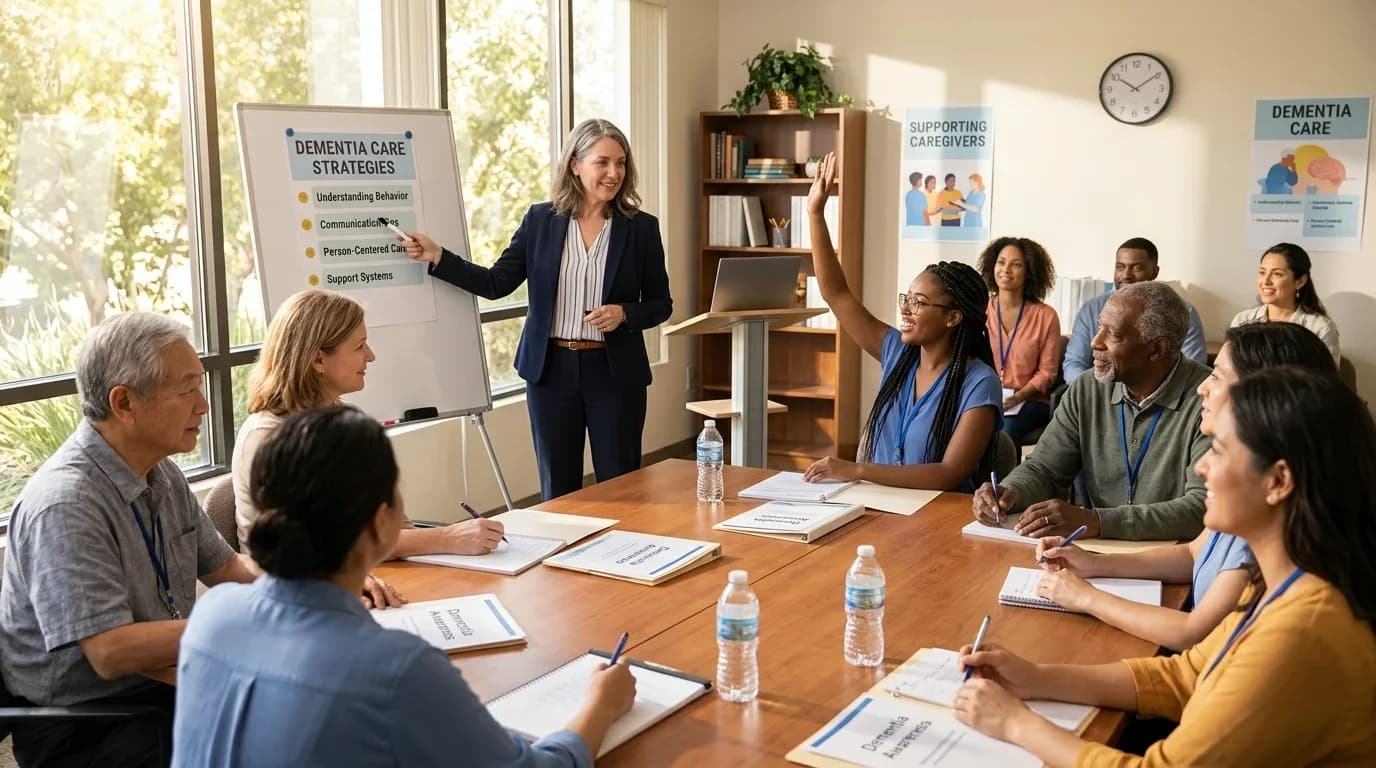 A diverse group of participants engages in a dementia awareness training session, with a facilitator presenting strategies on a whiteboard.