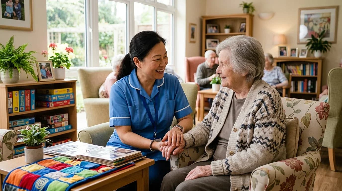 A caregiver smiles and holds hands with an elderly woman in a warm, inviting care setting, emphasizing compassion in dementia care training.