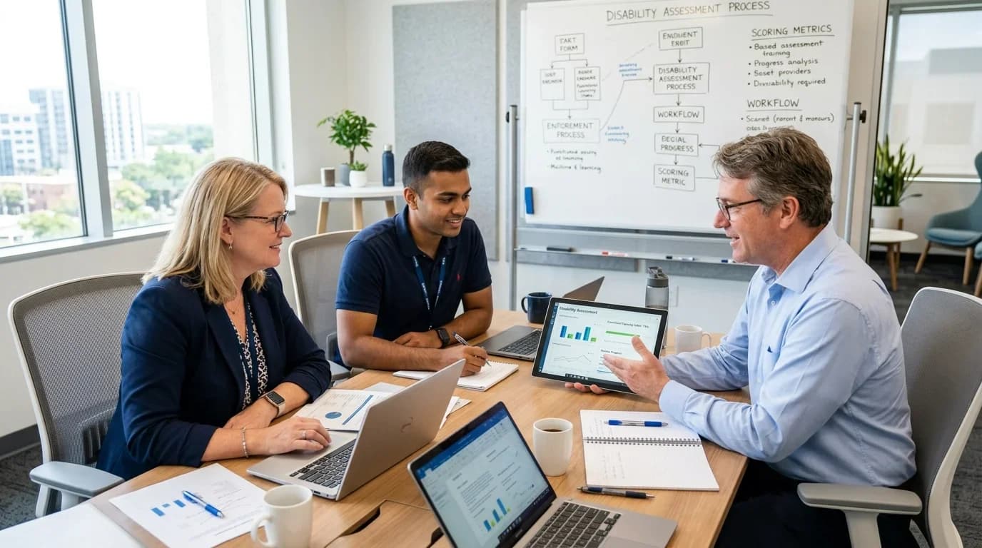A diverse group of professionals collaborates in a modern conference room, discussing disability assessment metrics with laptops and charts.