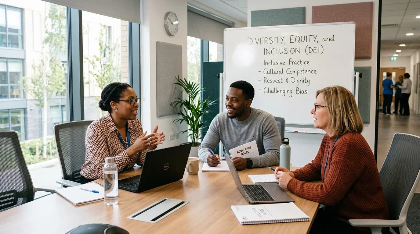 Three diverse professionals engage in a discussion about diversity, equity, and inclusion in a modern training room, with laptops and notes present.