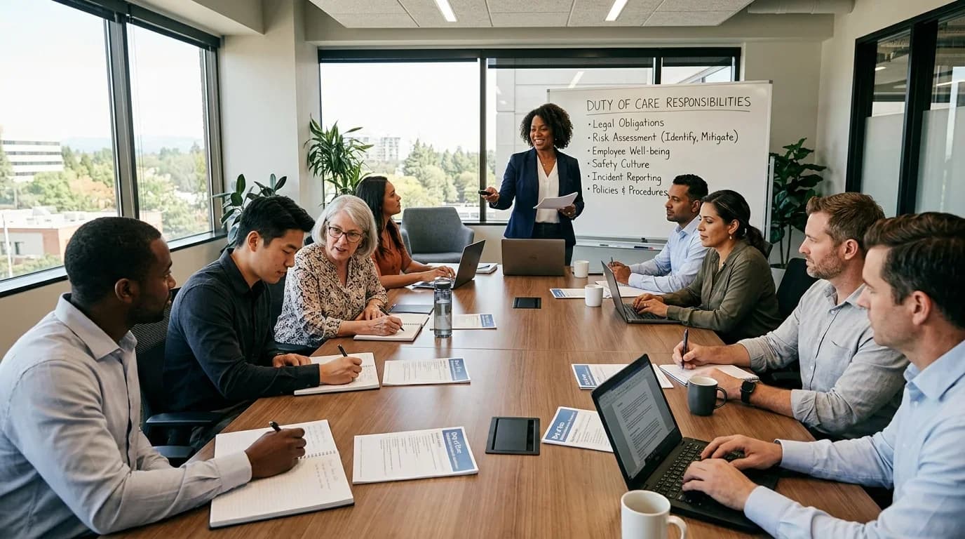 A diverse group of professionals engages in a training session on duty of care responsibilities around a conference table, with notes and a presentation board…