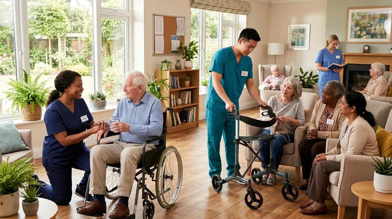 A diverse group of caregivers and elderly individuals interact in a bright, welcoming space, emphasizing compassionate care in elderly and disabled support.
