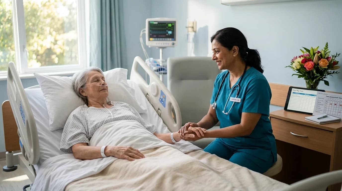 A healthcare professional comforts a patient in a hospital room, illustrating compassionate end-of-life care relevant to palliative training.