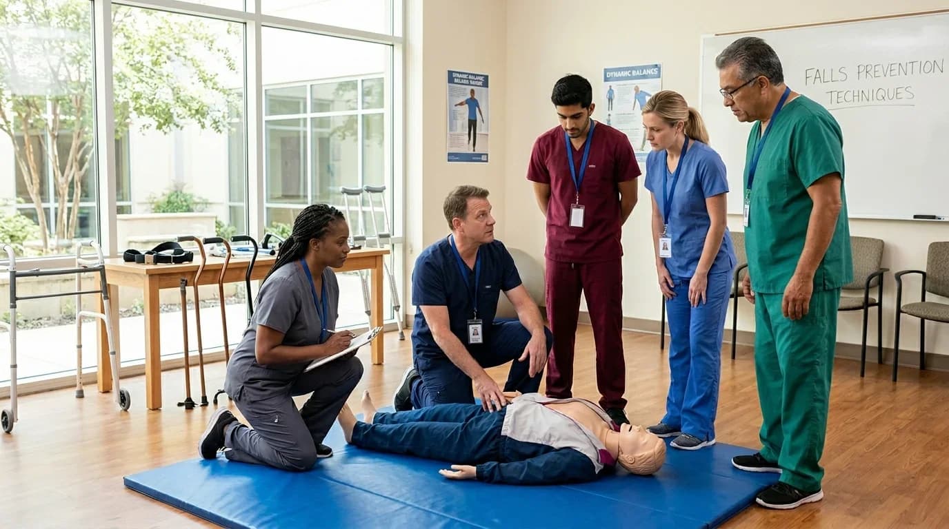 A group of healthcare professionals practice falls prevention techniques using a mannequin in a training room with medical equipment.