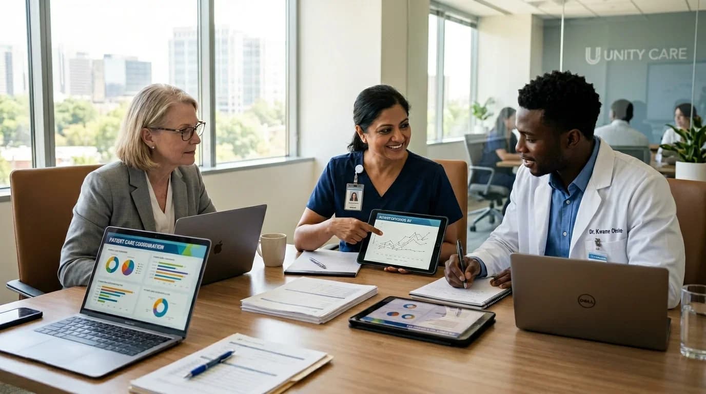 A diverse group of professionals collaborates in a modern office, discussing caregiving data on laptops and tablets, emphasizing teamwork in healthcare trainin…