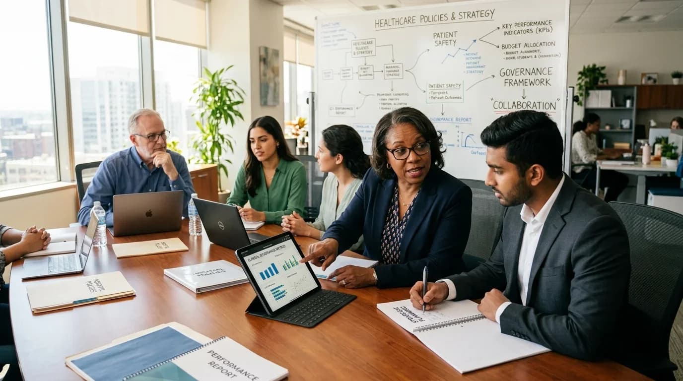 A diverse group of professionals collaborates in a bright conference room, discussing healthcare governance strategies with laptops and charts.