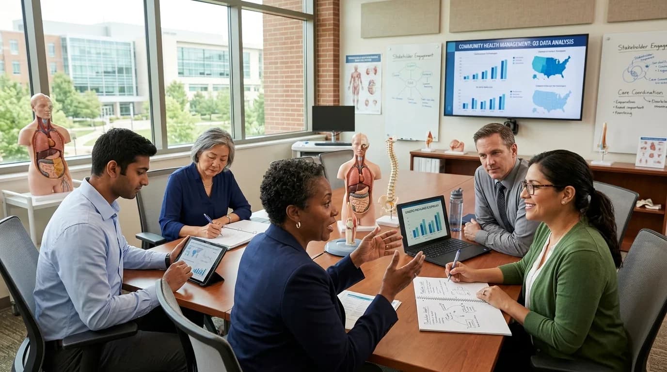 A diverse group of professionals collaborates around a table, discussing community health data with anatomical models and digital presentations in a bright cla…