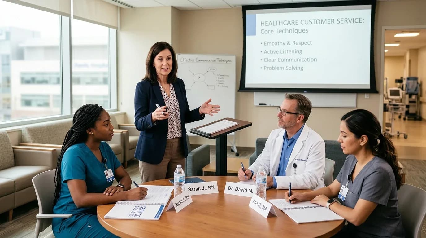 A healthcare training session featuring a diverse group of professionals discussing customer service skills, with a presentation on effective communication tec…
