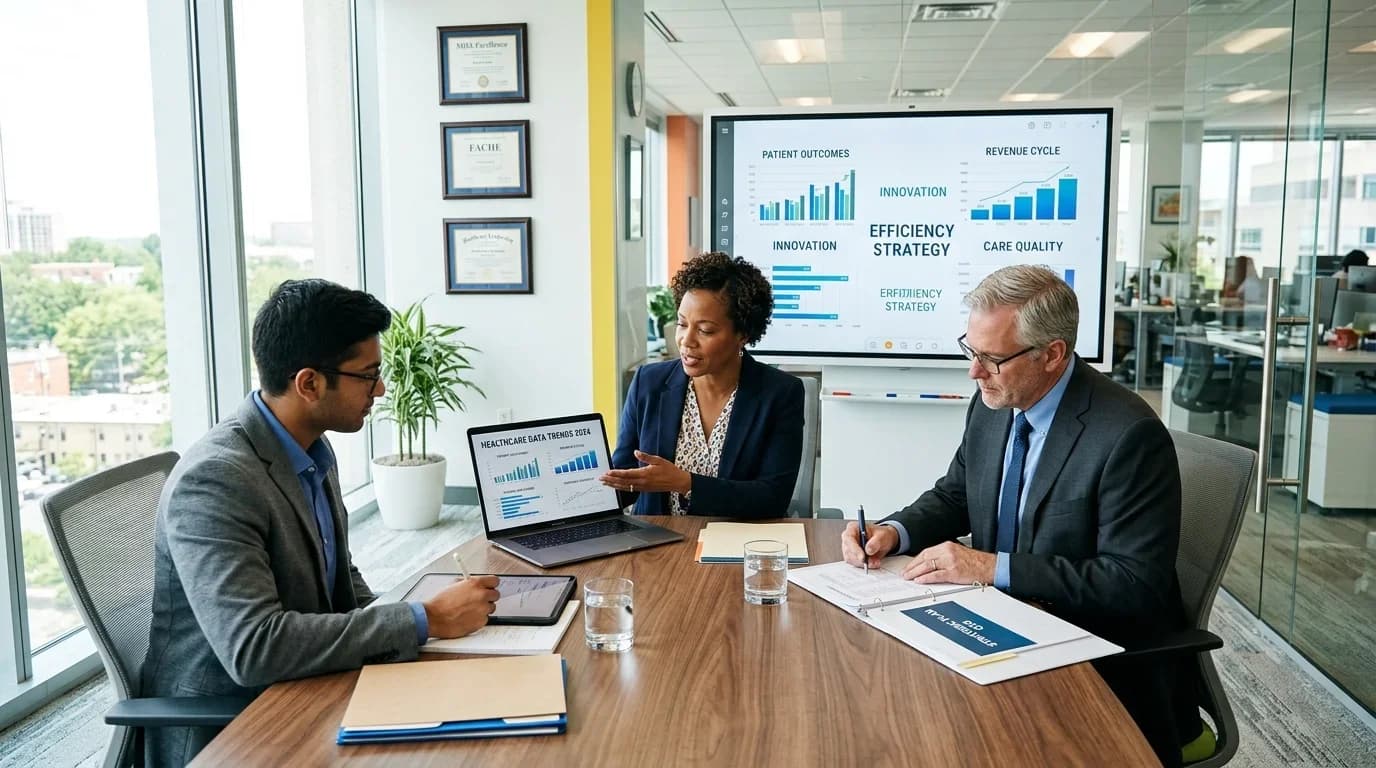 A diverse group of professionals discusses healthcare management strategies in a modern office, analyzing data on a laptop and presentation screen.