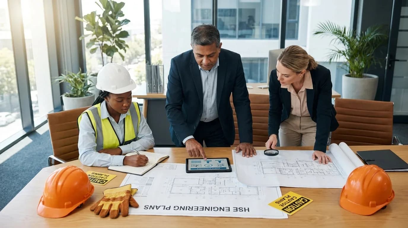A diverse group of professionals collaborates over engineering plans in a modern office, emphasizing teamwork in health and safety engineering training.