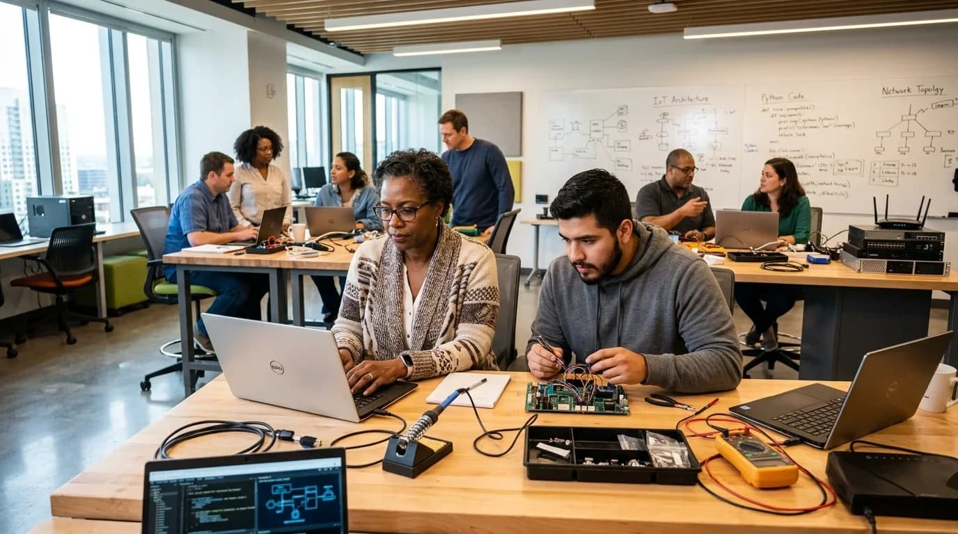 A diverse group of students engages in hands-on IT training, using laptops and equipment in a modern classroom setting.