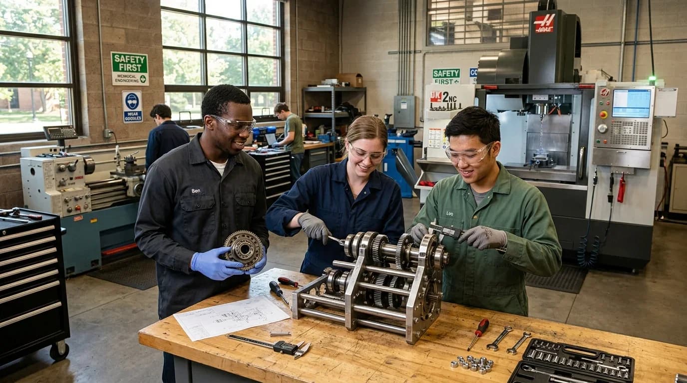 Three students collaborate on a mechanical assembly in a workshop, using tools and blueprints, highlighting hands-on learning in mechanical engineering.