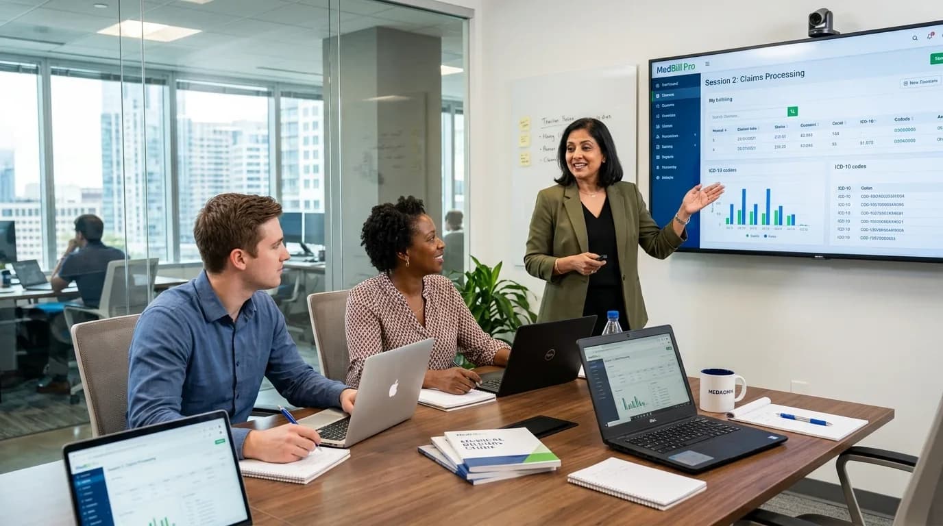 A diverse group of professionals engages in a training session on medical billing, with a presenter explaining claims processing using digital tools.